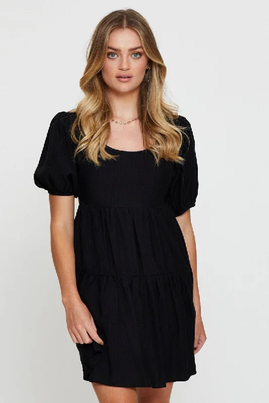 Black Fit And Flare Dress Short Sleeve Open Back