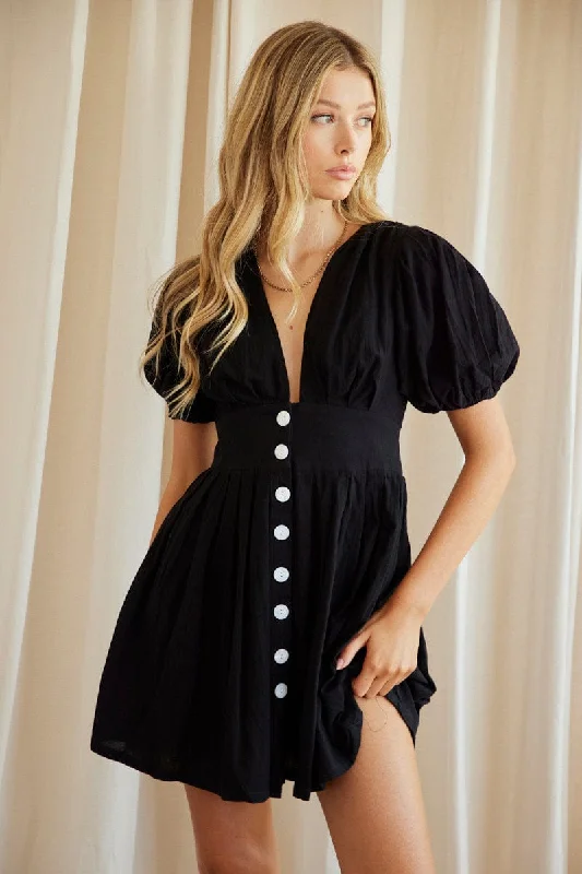 Black Fit And Flare Dress Short Sleeve V Neck