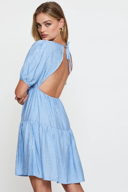 Blue Fit And Flare Dress Short Sleeve Open Back