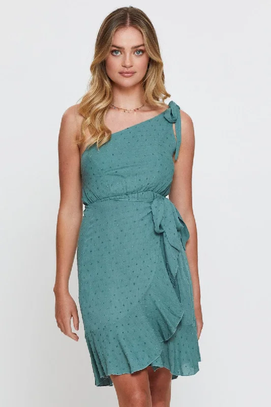 Green Wrap Dress One Shoulder Sleeveless