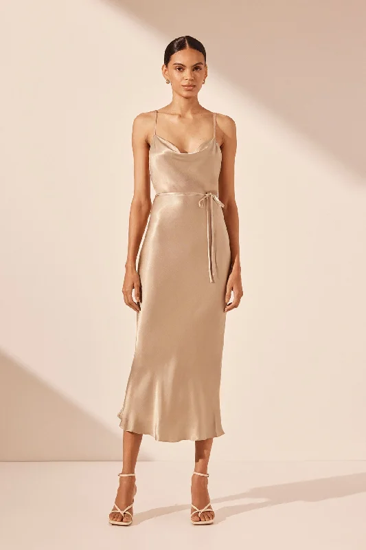 LA LUNE BIAS COWL MIDI DRESS - GOLD