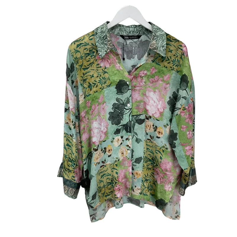 Blouse Long Sleeve By Zara In Floral Print, Size: M