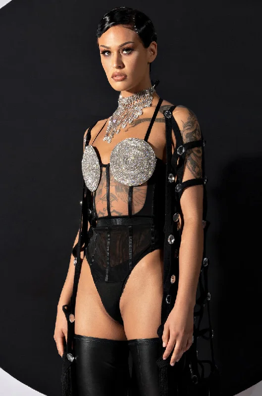 GLITCH IN THE MATRIX RHINESTONE MESH HALTER BODYSUIT