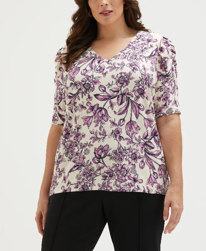 Plus Size Floral Print Puff Elbow Sleeve Top