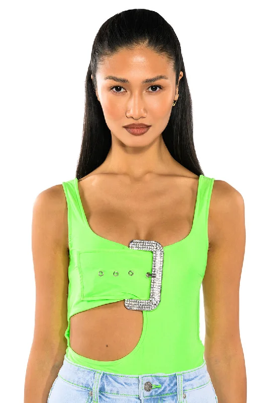 SPOTLIGHT BUCKLE DETAIL NEON CUTOUT CHEEKY BODYSUIT