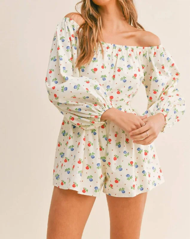 Floral Off Shoulder Romper In Off White