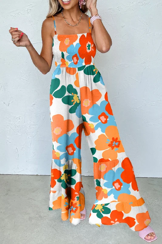 Floral Spaghetti Straps Smocked Wide Leg Jumpsuit