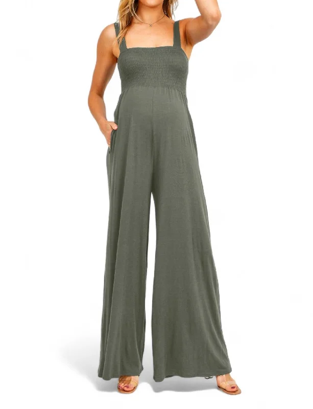 Square Neck Smocked Maternity Jumpsuit In Olive