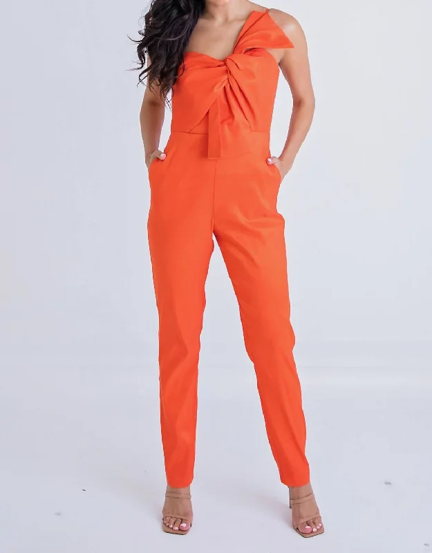 Tafeta Knot Jumpsuit In Red-Orange