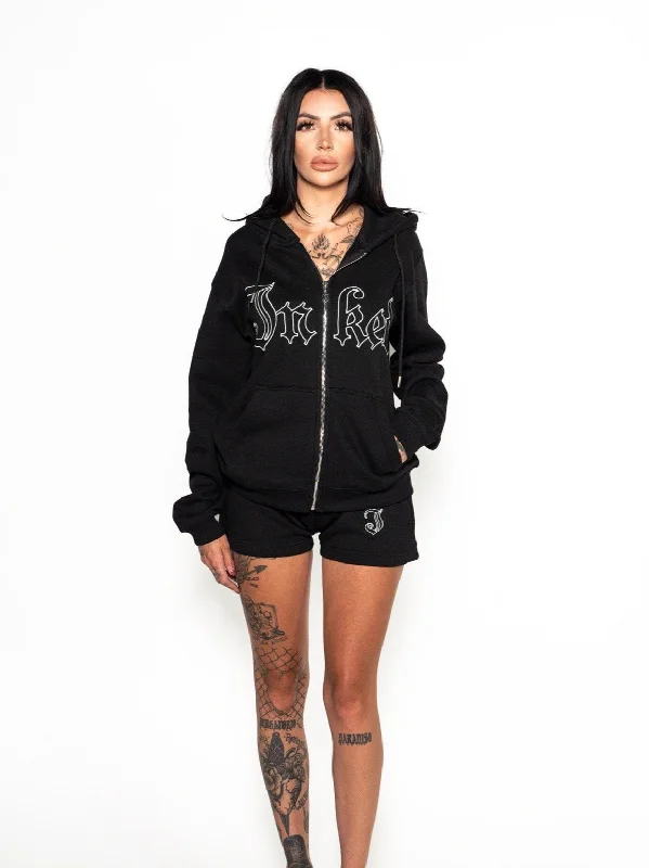 Women's Inked Embroidered Zip Up Hoodie - Black/White