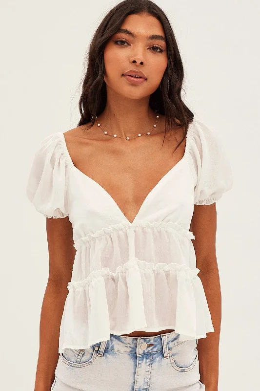 White Ruffle V Neck Puff Sleeve Tiered Top