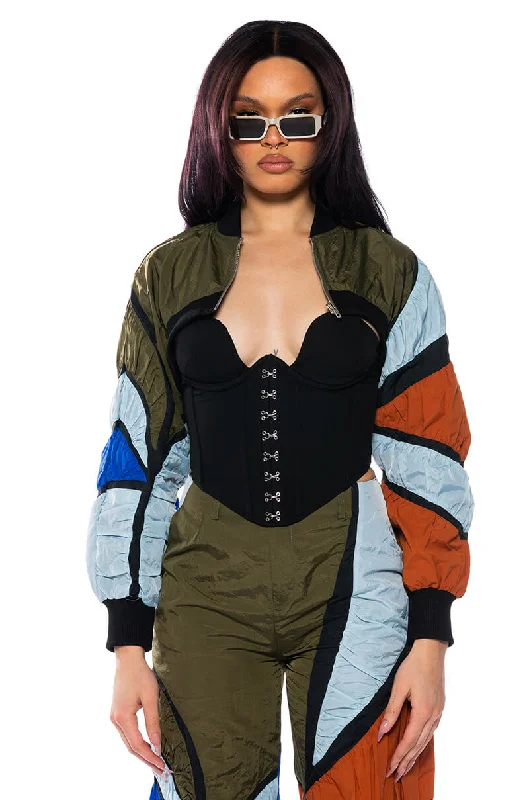 ENJOY THE RIDE MULTI COLORED CROP BOMBER