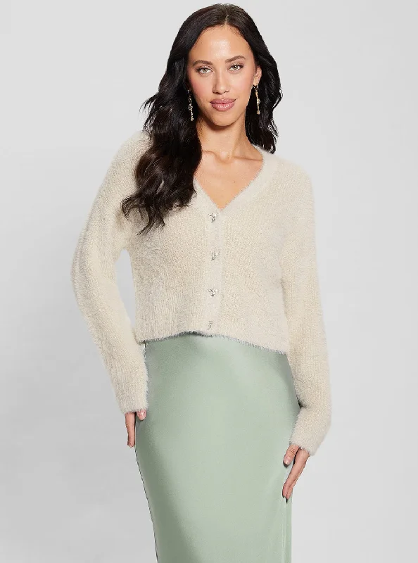 Beige Bow Button Knit Cardigan