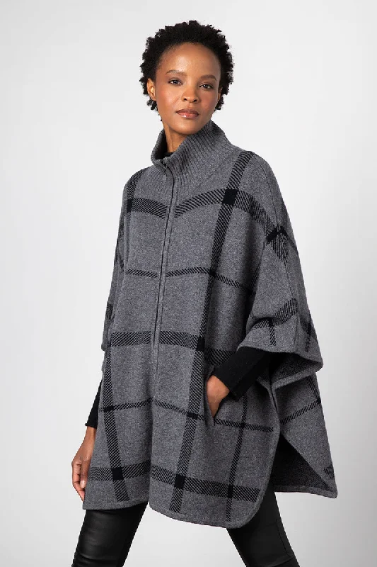 Kinross Cashmere Plaid Zip Mock Poncho